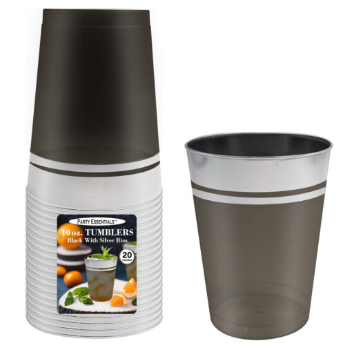 10 OZ. TUMBLERS - BLACK W/ SILVER RIM 20 CT.