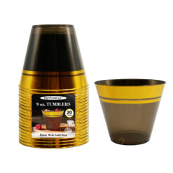 9 OZ. TUMBLERS - BLACK W/ GOLD RIM 20 CT.