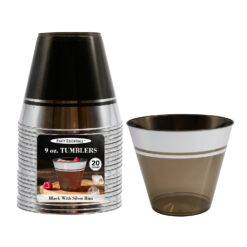 9 OZ. TUMBLERS - BLACK W/ SILVER RIM 20 CT.