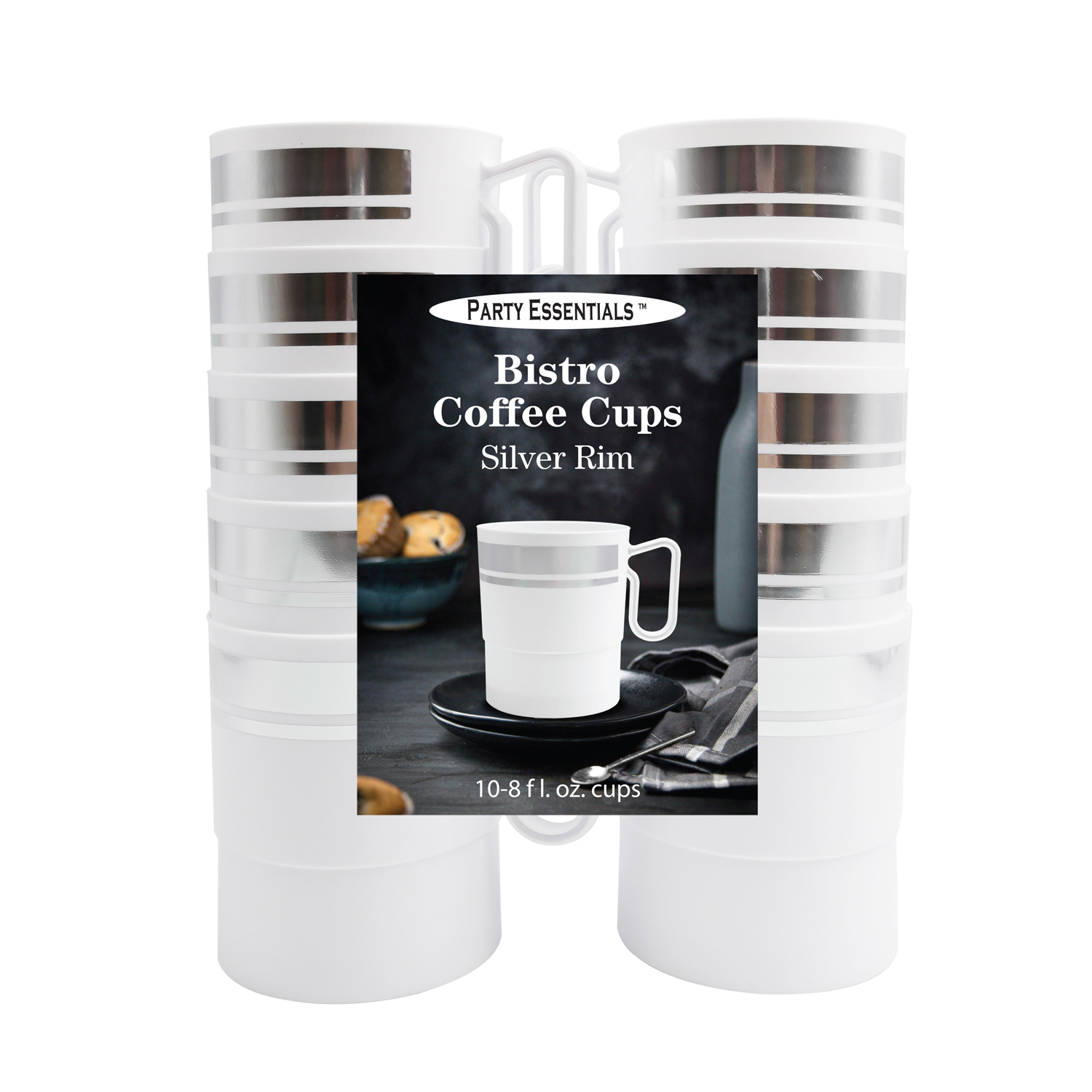 WHITE & SILVER BISTRO COFFEE CUP<BR>8 OZ - 10 COUNT