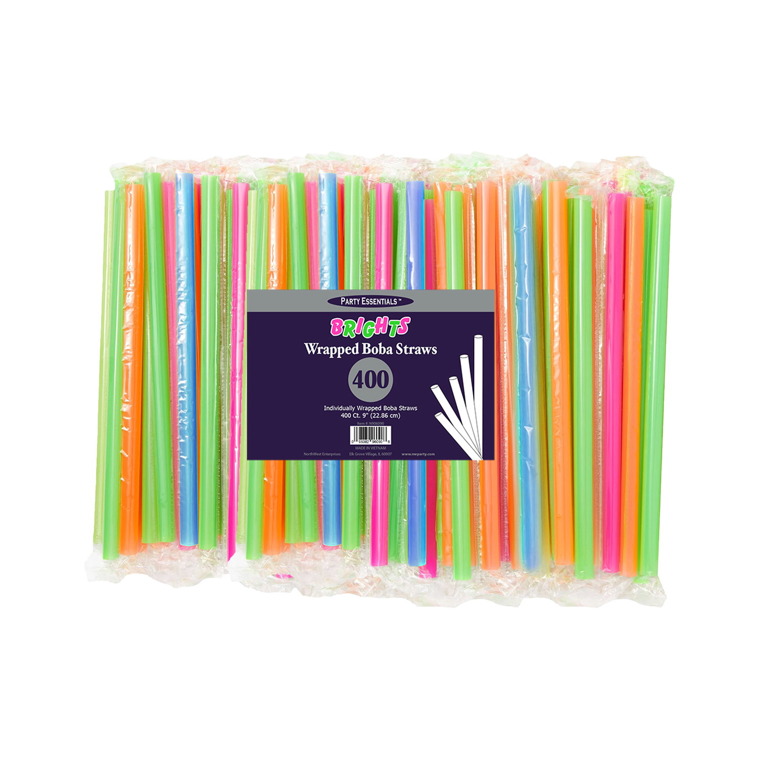 9" WRAPPED BABA STRAWS<BR>ASSORTED NEON 400 CT. COLORS